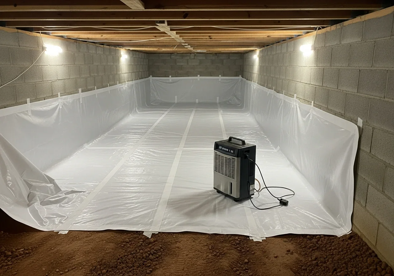 Completed crawl space encapsulation with heavy-duty vapor barrier and dehumidifier in Hickory NC home