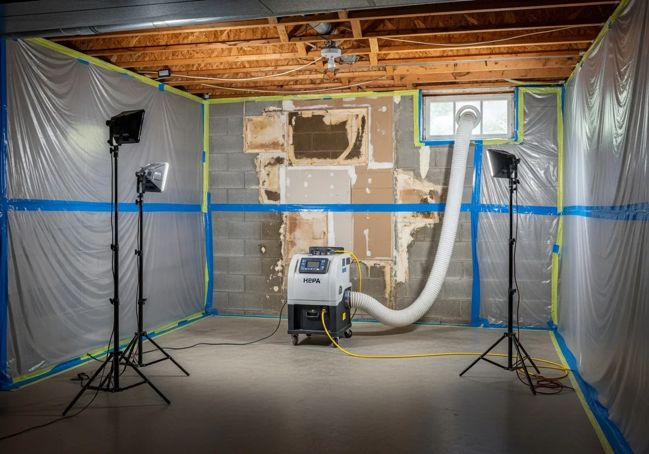 HEPA air scrubber operating inside basement mold containment zone during active remediation in a Hickory, North Carolina residence near Lake Hickory