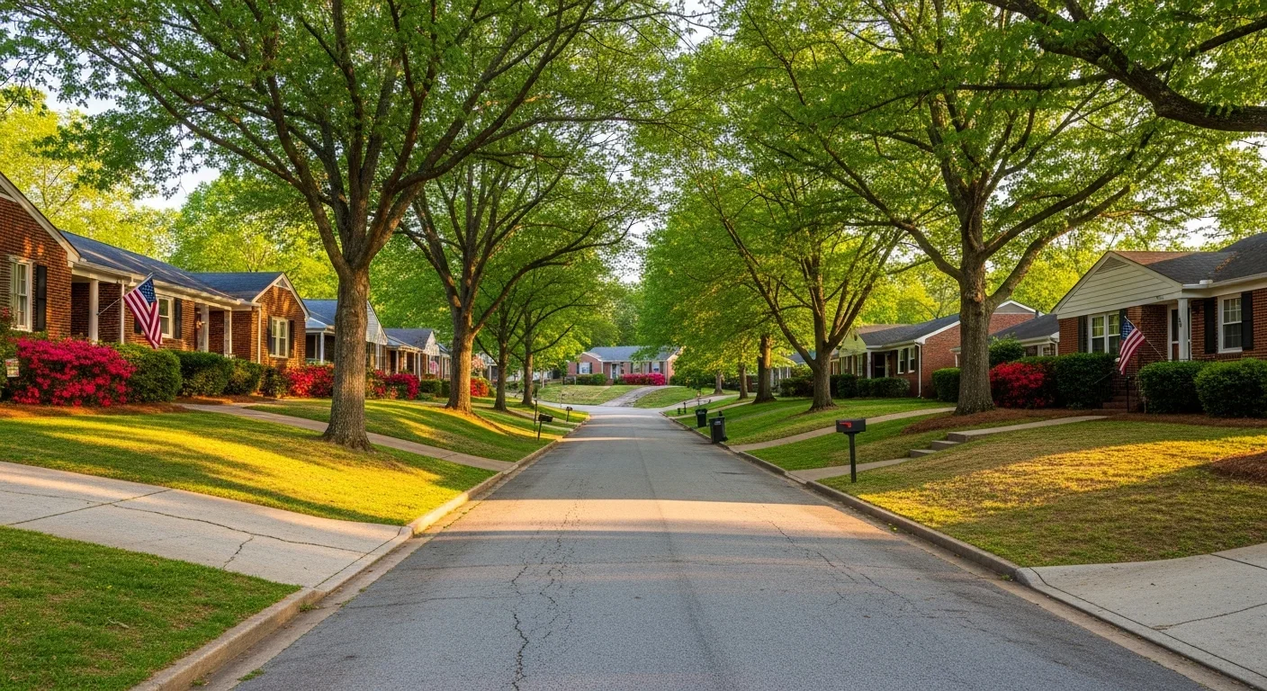 Established Hickory North Carolina neighborhood with brick ranch homes, mature hardwood trees, and crawl space foundations typical of the foothills region