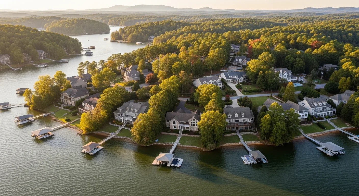 Aerial view of Lake Hickory and surrounding foothills homes in Catawba County North Carolina showing lakefront properties vulnerable to hydrostatic pressure and basement seepage
