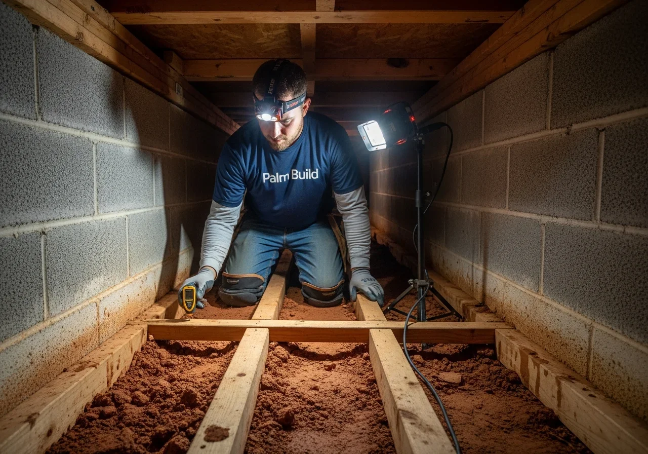 Palm Build technician inspecting crawl space moisture damage in a Hickory North Carolina home showing joists and insulation affected by chronic humidity and clay soil drainage