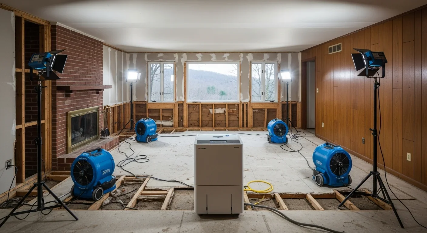 Commercial LGR dehumidifiers and air movers set up for structural drying in a Hickory North Carolina home after water damage