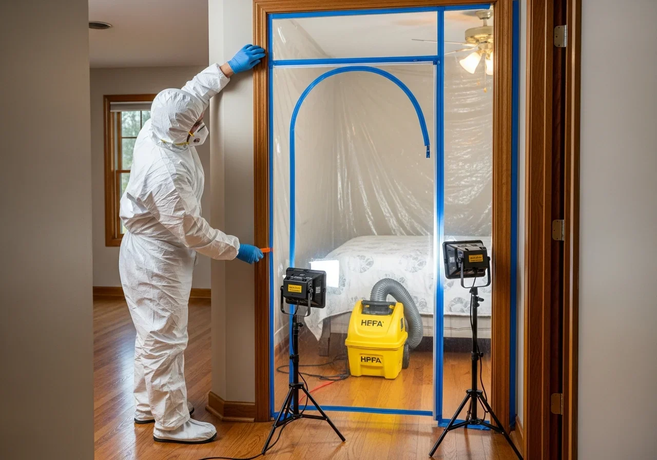 Palm Build crew constructing mold containment barriers with polyethylene sheeting and negative air pressure in a Hickory, North Carolina home