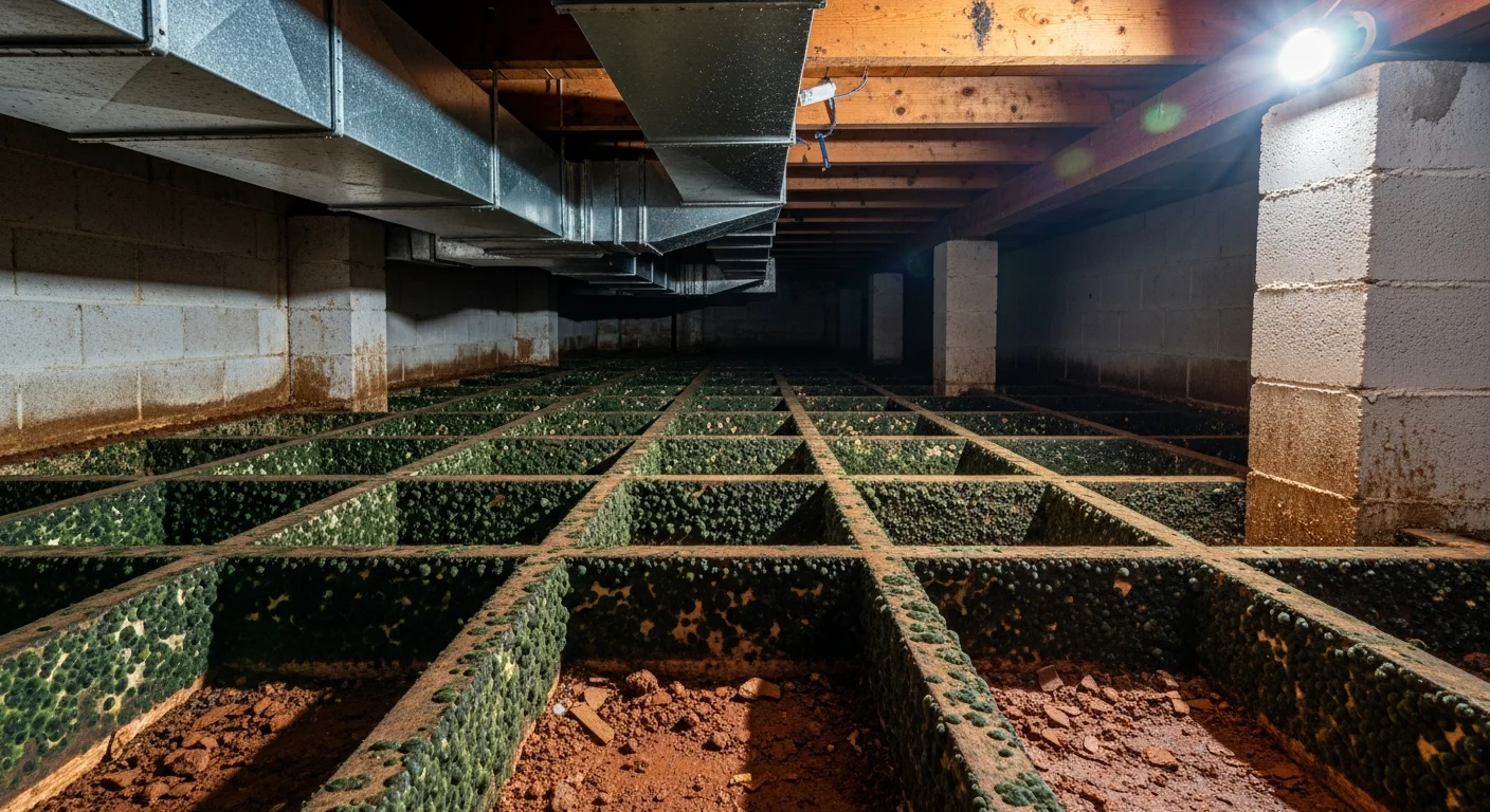 Palm Build IICRC-certified technician in full PPE setting up mold containment barriers in a Hickory, North Carolina crawl space with red clay soil visible