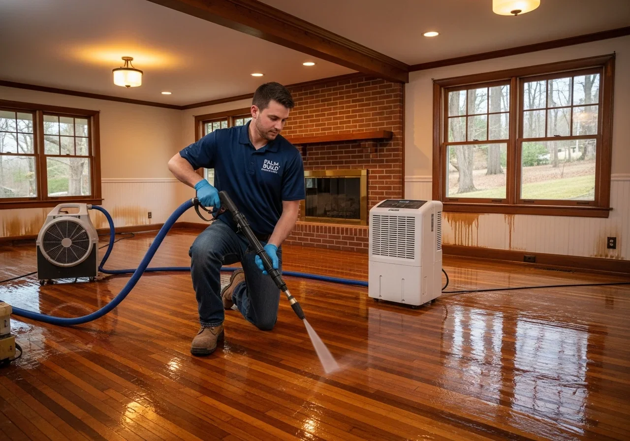 Palm Build IICRC-certified technician performing truck-mounted water extraction in a Hickory North Carolina home with commercial drying equipment