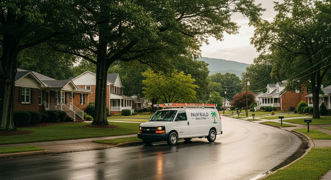 Palm Build restoration van arriving in a Hickory North Carolina foothills neighborhood with rolling hills and brick ranch homes for emergency water damage response