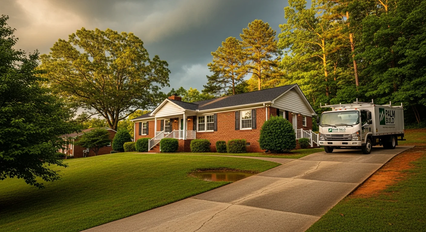 Palm Build restoration truck arriving at a Hickory, North Carolina home in the foothills for emergency water damage restoration during heavy rainfall
