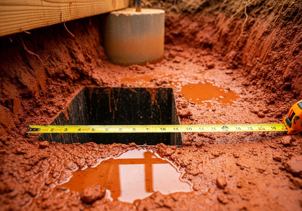 Red Cecil clay soil visible around a crawl space foundation in Hickory North Carolina showing the expansive clay conditions that trap moisture against home foundations