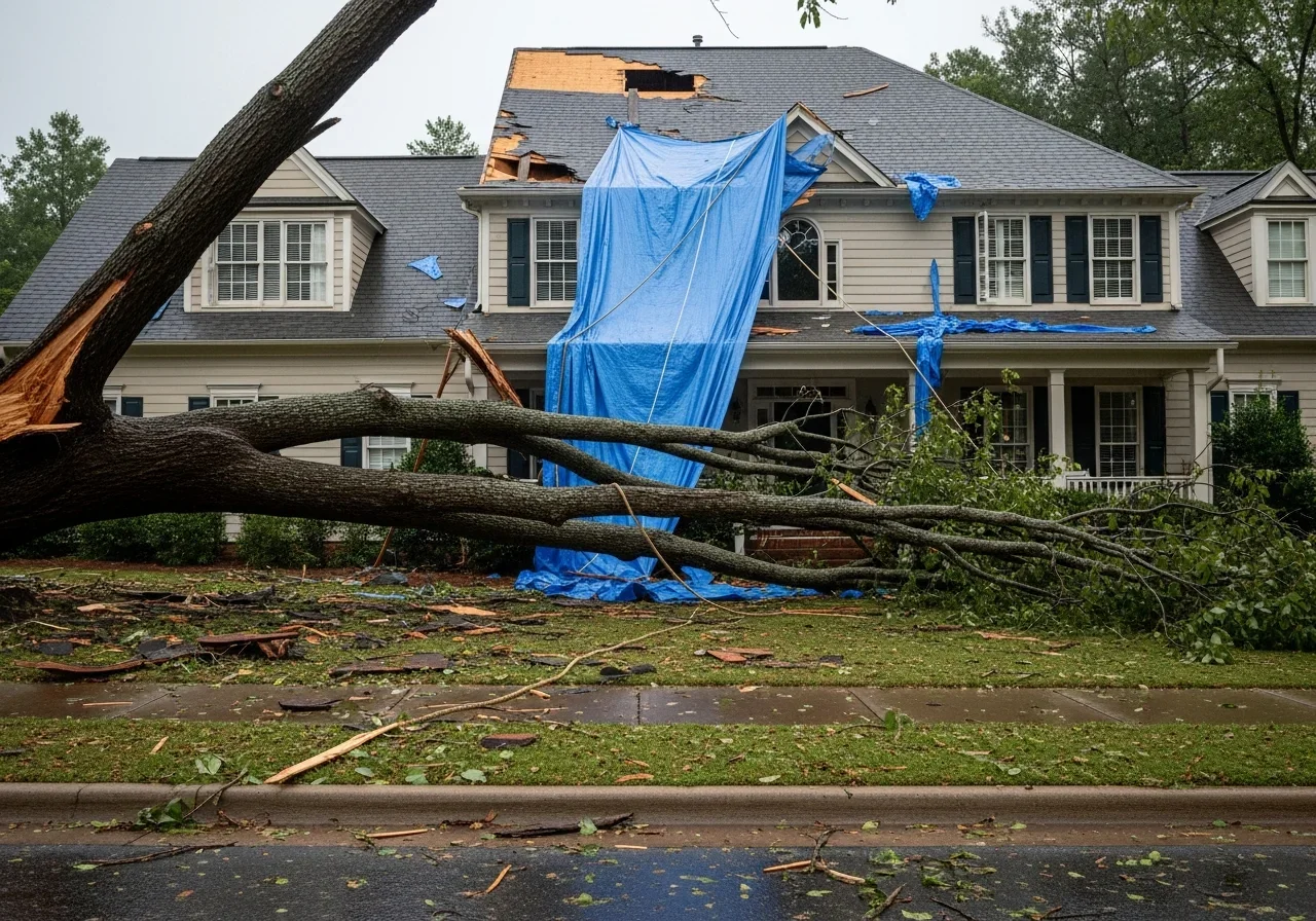 Storm damage from a fallen hardwood tree penetrating the roof of a Hickory North Carolina home creating immediate water intrusion during foothills thunderstorms
