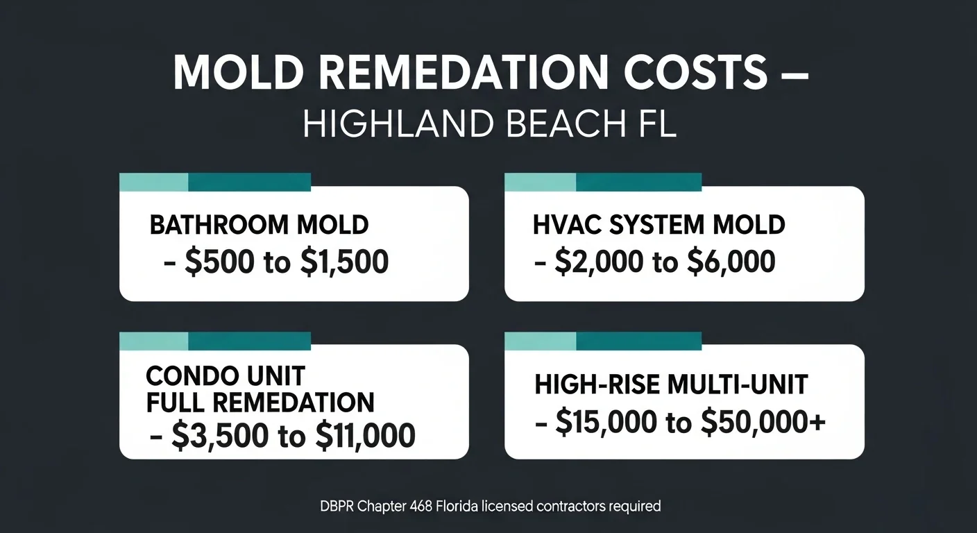 Mold remediation cost ranges in Highland Beach Florida — infographic showing prices from bathroom mold to full condo unit remediation