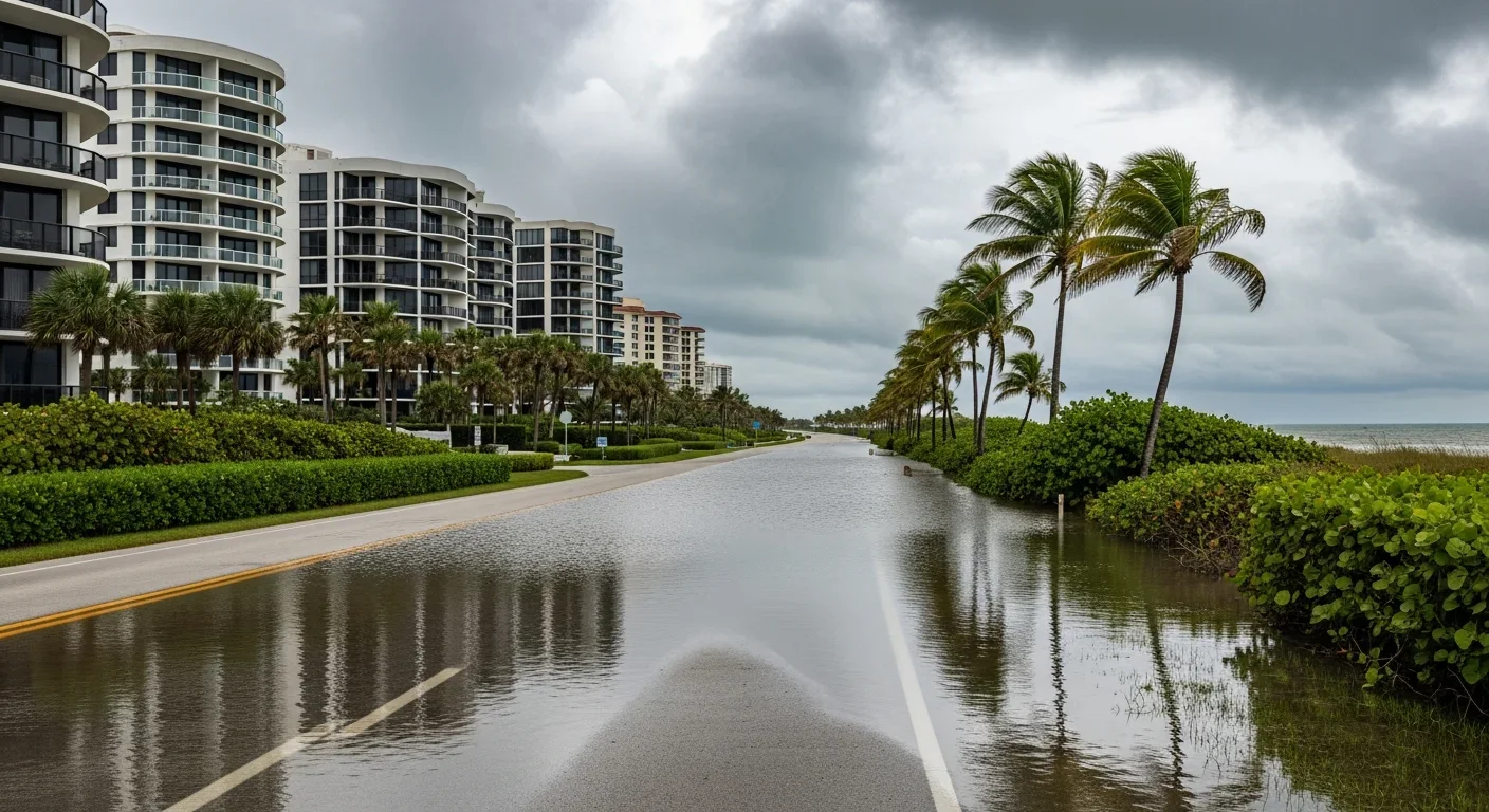 Standing water flooding along State Road A1A in Highland Beach Florida after heavy rainfall with condo towers in background