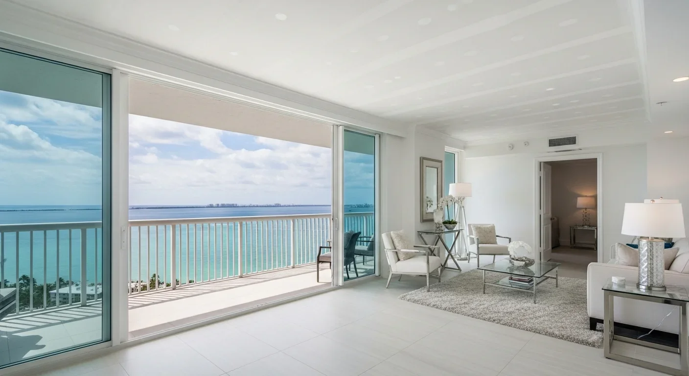 Fully restored Highland Beach Florida condominium unit — fresh walls, clean flooring, repaired ceiling after water damage restoration