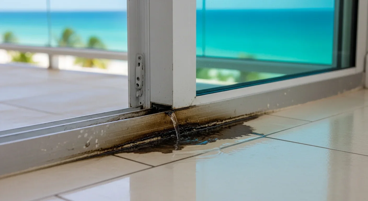 Close-up of water intrusion at sliding glass door threshold in Highland Beach Florida condo — water seeping under balcony door track
