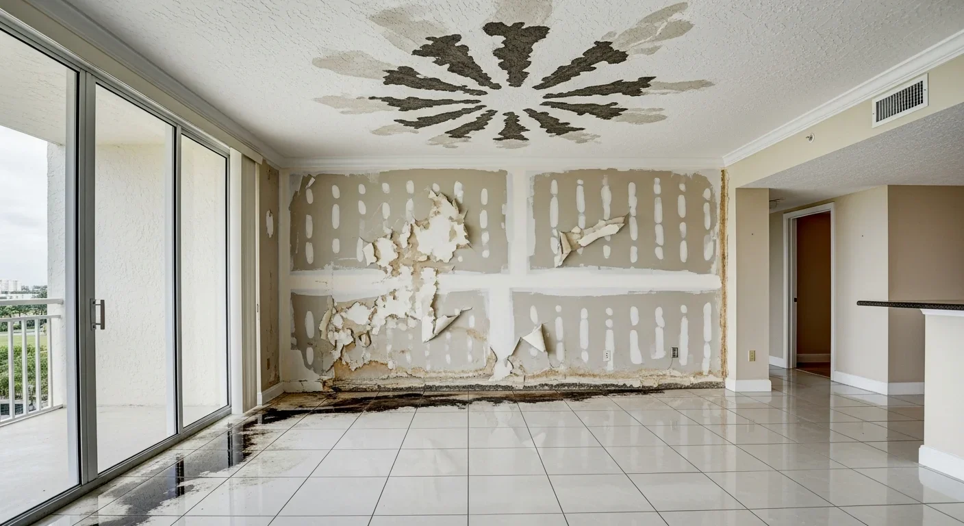 Water damage inside Highland Beach Florida condominium — wet drywall, staining, and standing water near balcony door