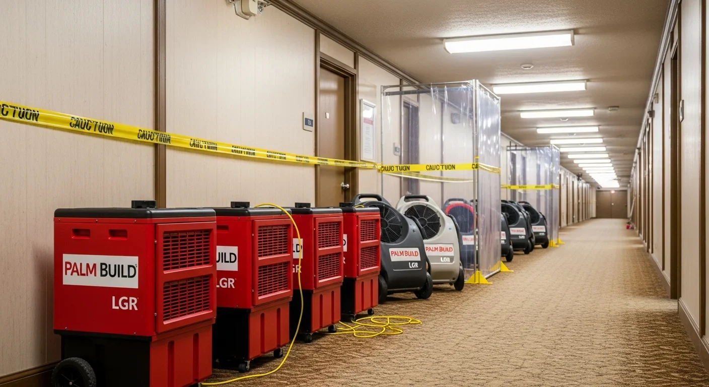 LGR dehumidifiers and air movers set up in Highland Beach condominium corridor during structural drying