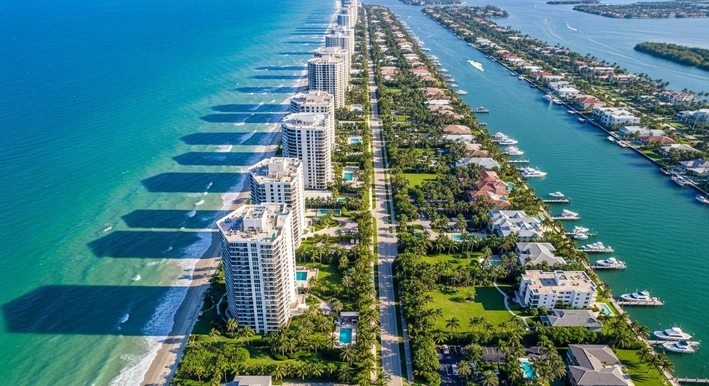 Aerial view of Highland Beach Florida barrier island with Atlantic Ocean and Intracoastal Waterway visible on both sides of the narrow island