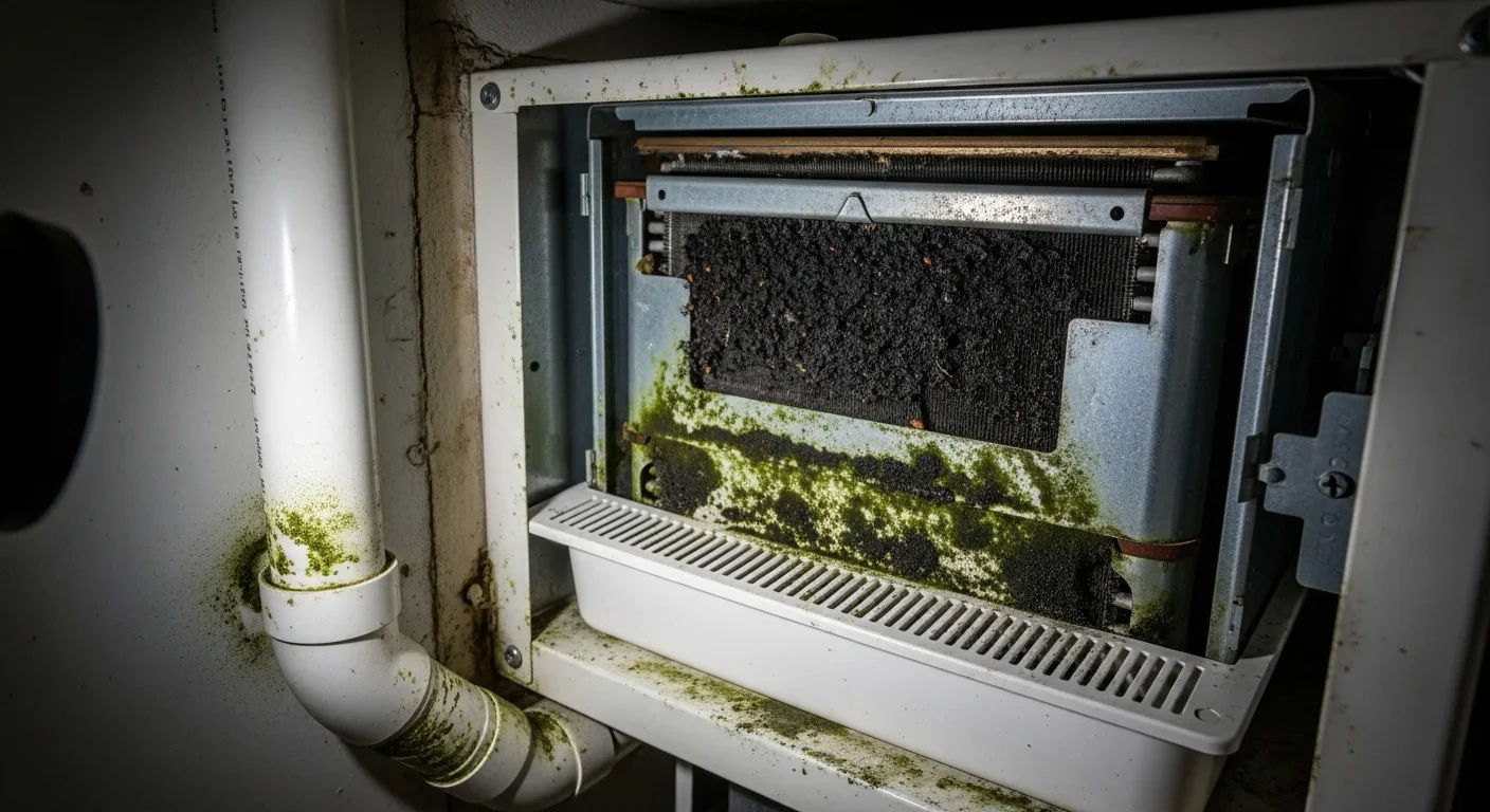 Mold growth on air conditioning air handler and condensate drain pan inside a Highland Beach Florida condominium HVAC closet
