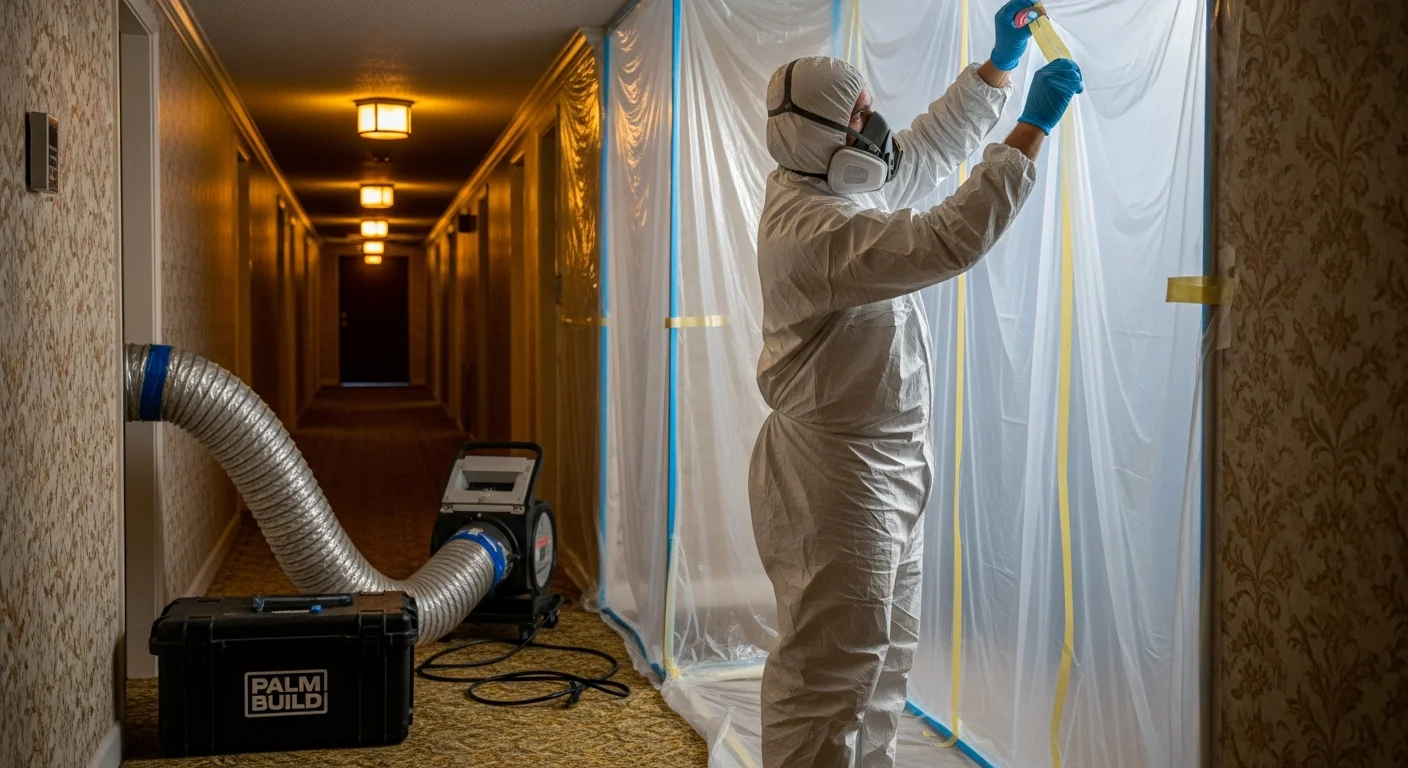 DBPR-licensed mold remediation technician in white Tyvek suit establishing containment barriers in the hallway of a Highland Beach Florida condominium building