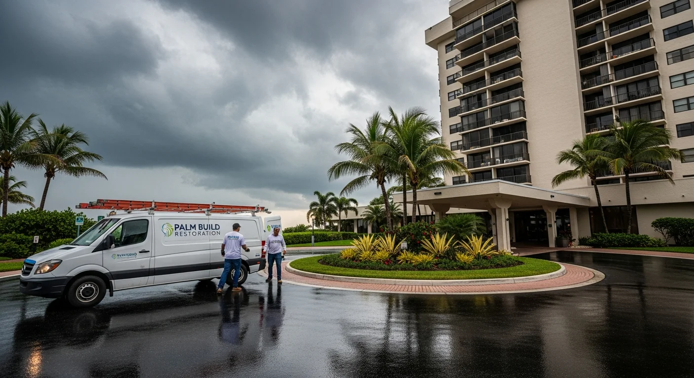 Palm Build restoration van at the entrance of a luxury oceanfront condominium tower in Highland Beach, Florida with storm clouds over the Atlantic