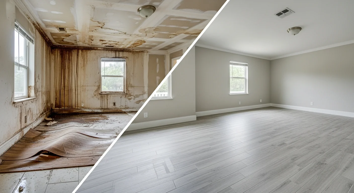 Before and after water damage restoration in a Hollywood, Florida home showing wall and flooring restoration