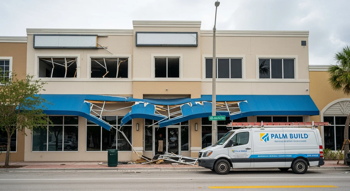 Commercial building in Hollywood Florida undergoing professional restoration by Palm Build with commercial-grade equipment deployed on site
