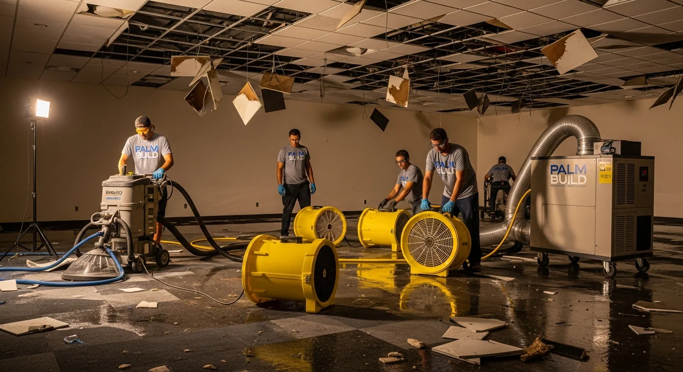 Commercial property in Hollywood FL requiring professional restoration services with Palm Build team and equipment on site near the Hollywood Broadwalk