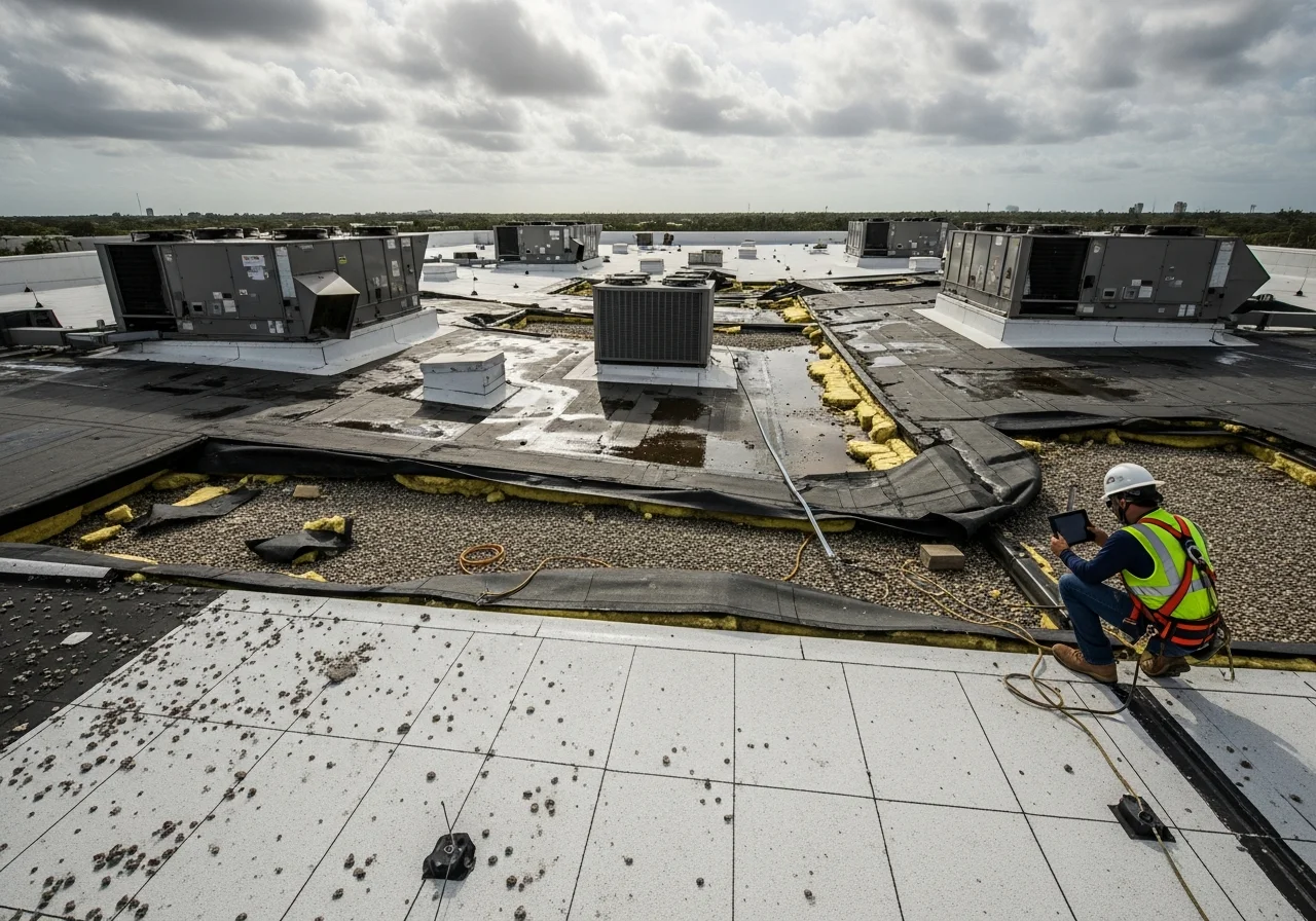 Commercial roof damage in Hollywood Florida after a hurricane event showing exposed decking and missing roofing materials requiring emergency restoration