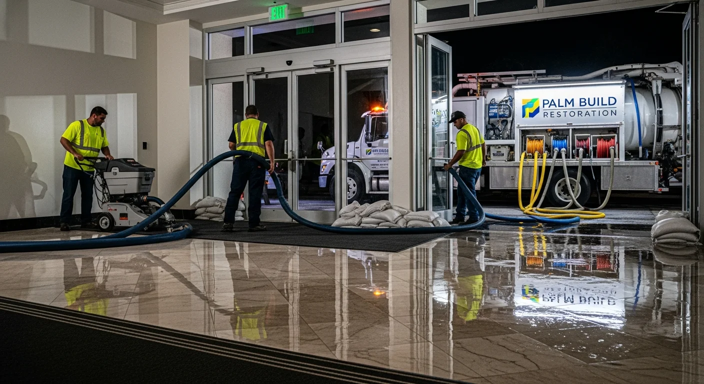 Palm Build team performing emergency water extraction in a Hollywood Beach condominium
