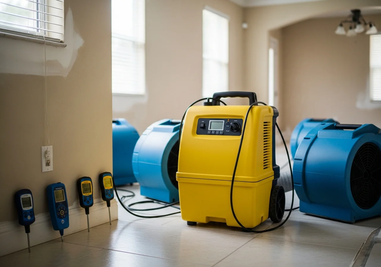 Commercial dehumidifiers and air movers set up for structural drying in a Hollywood, Florida home