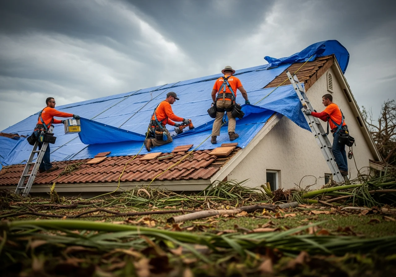 Palm Build crew performing emergency roof tarping on a Hollywood Florida home after hurricane damage to prevent additional water intrusion