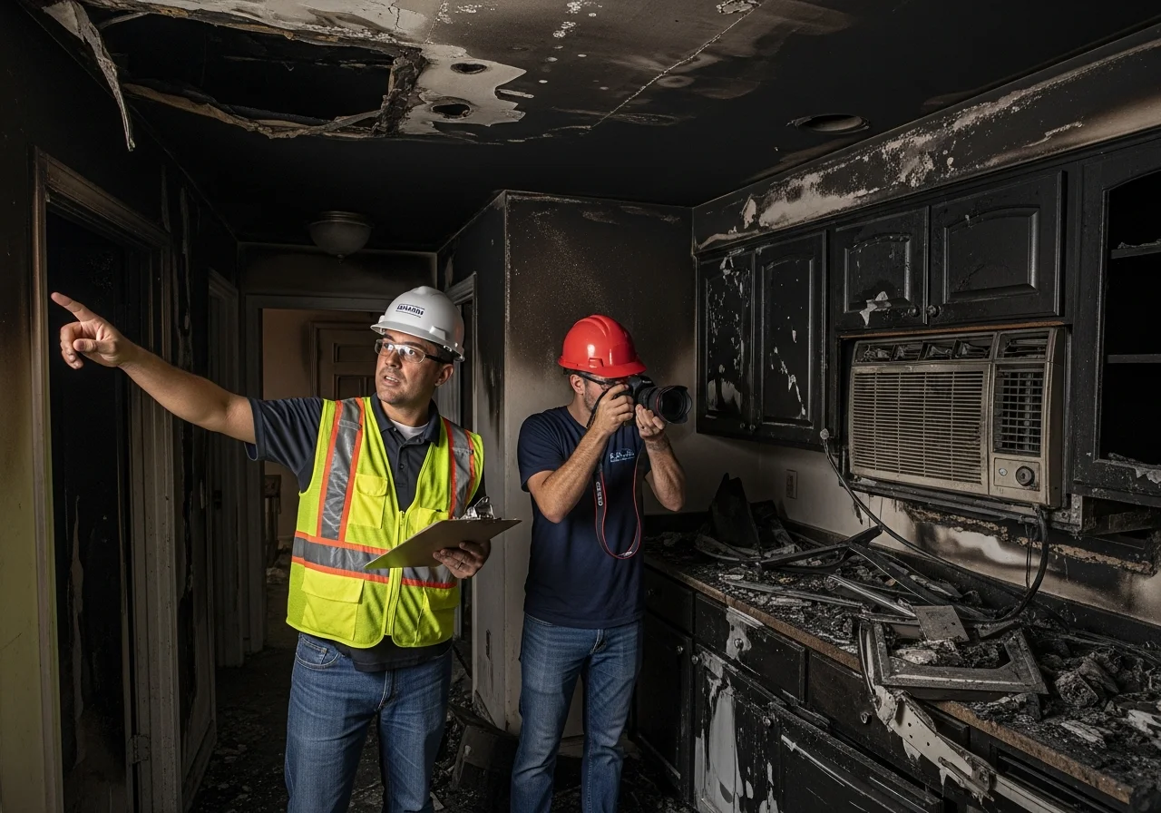 Palm Build technician performing fire damage assessment in a Hollywood FL home documenting structural and smoke damage