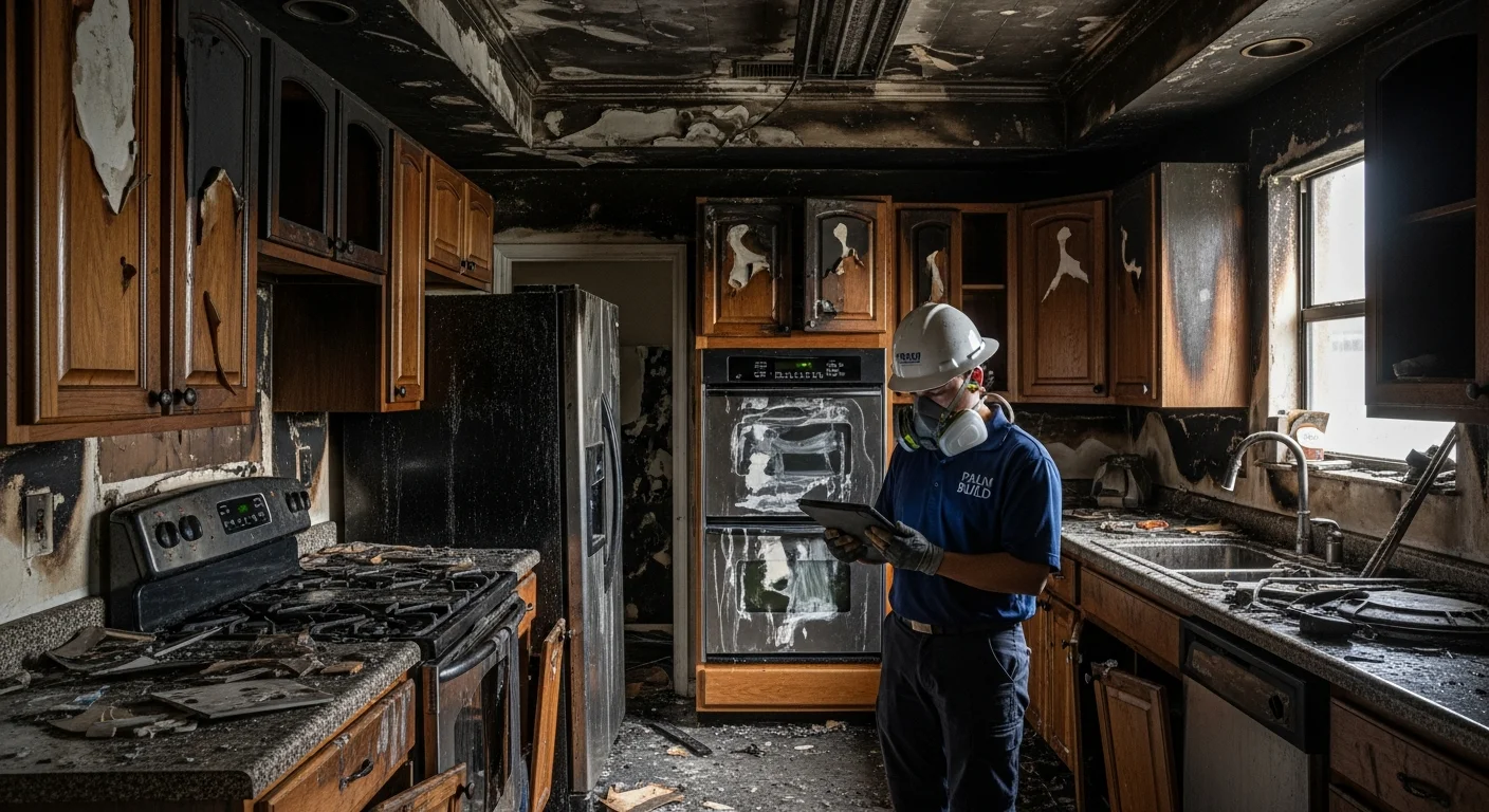 Palm Build fire and smoke damage restoration crew assessing fire damage at a Hollywood FL property