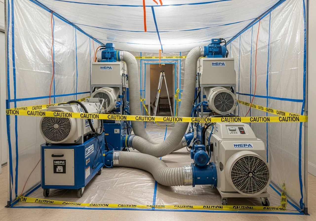 Professional HEPA air filtration unit during mold remediation containment setup in a Hollywood FL home