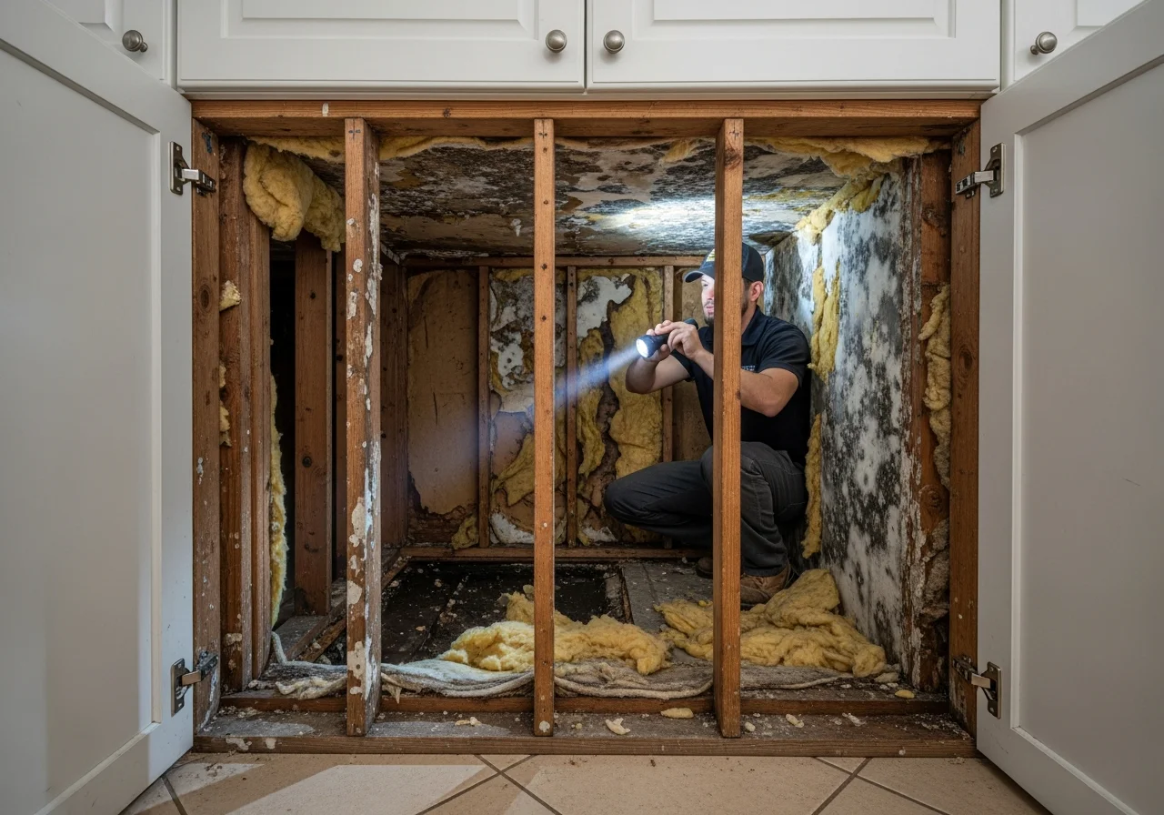 Hidden water damage behind wall finish in a Hollywood FL property showing moisture intrusion feeding mold growth