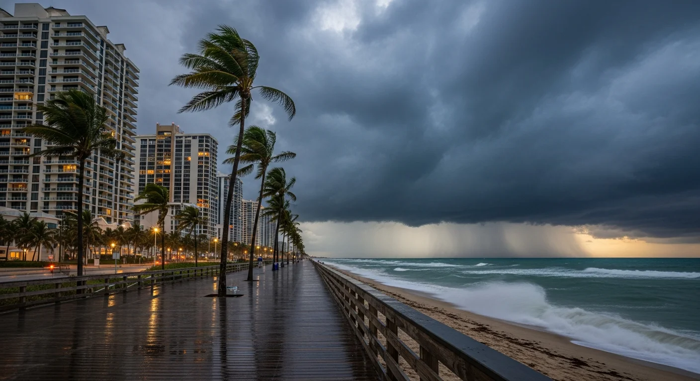 Hollywood Broadwalk during a storm event showing wave action and flooding along the beachfront promenade that impacts adjacent properties