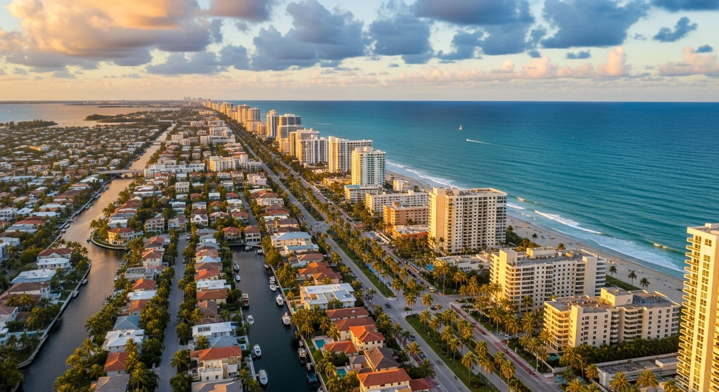 Aerial view of Hollywood Florida showing the narrow coastal strip between the Atlantic Ocean and Intracoastal Waterway that makes the city vulnerable to hurricane storm surge from both directions