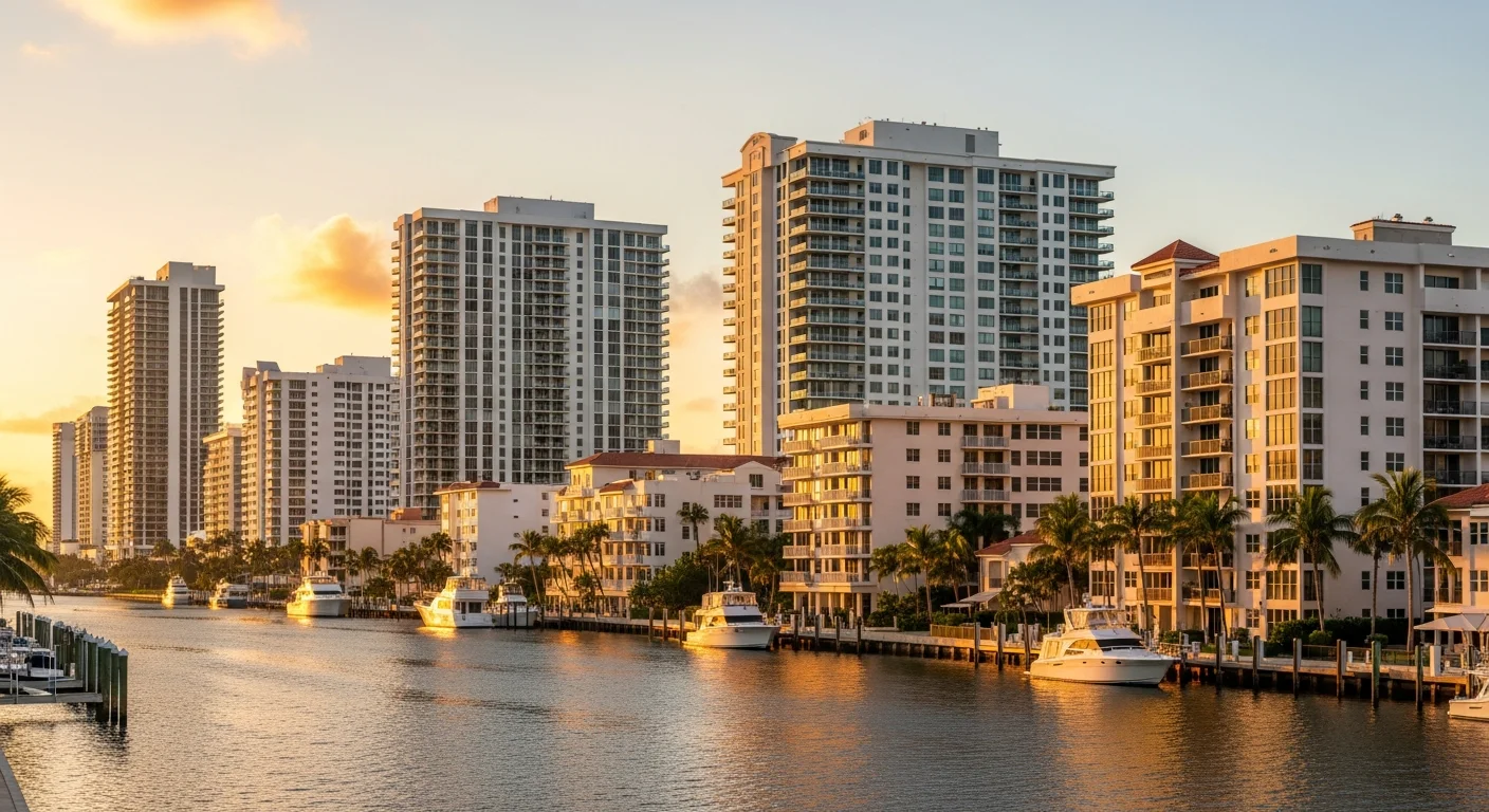 Intracoastal condos in Hollywood Florida showing the aging multi-story construction from the 1960s and 1970s that requires specialized reconstruction when damaged