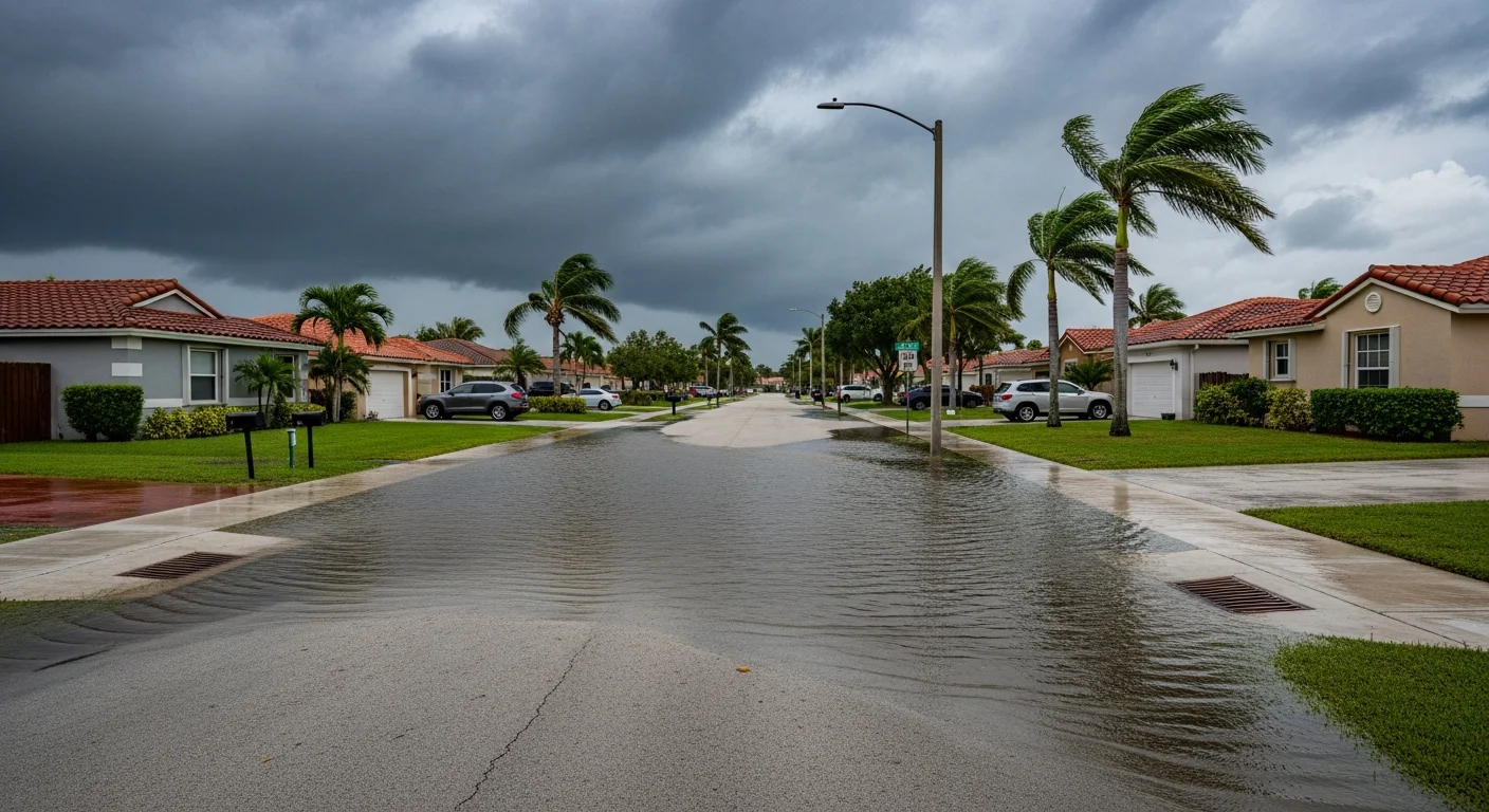 Street flooding in a Hollywood Florida neighborhood during heavy rain showing standing water covering roadway and approaching residential properties