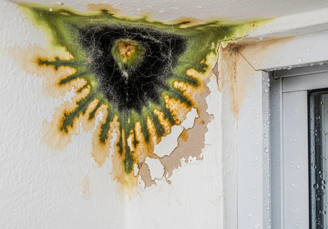 Close-up detail of mold growth on interior wall surface in a Hollywood FL home caused by HVAC condensation