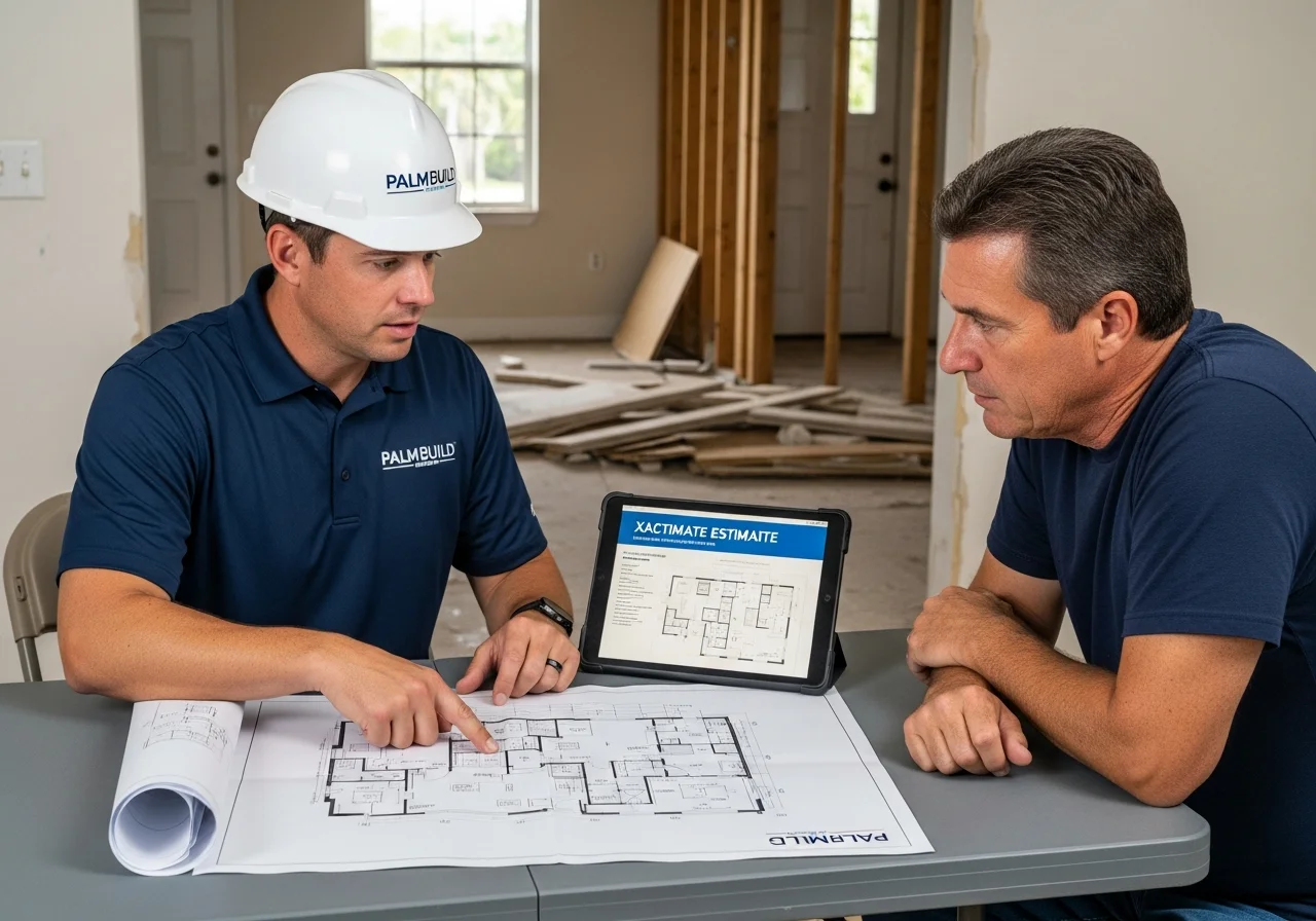 Palm Build project planning meeting for a Hollywood Florida reconstruction showing blueprints and scope documentation being reviewed with the homeowner