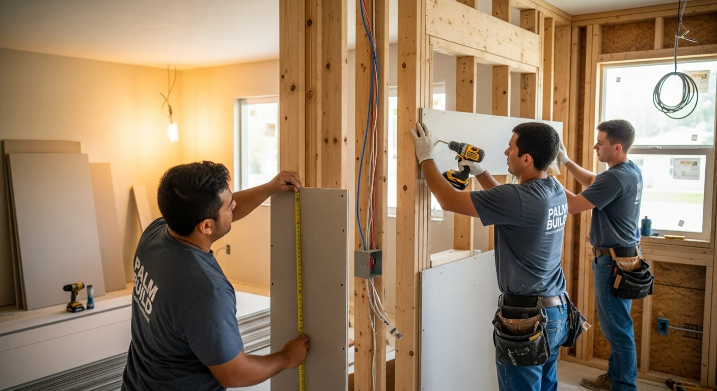 Palm Build reconstruction crew working on a Hollywood Florida home showing structural repair and rebuilding in progress