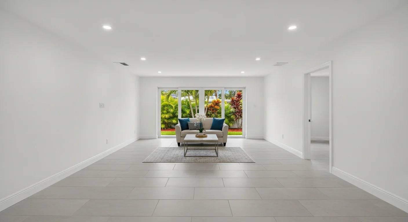 Fully restored living room in a Hollywood Florida home after professional reconstruction showing modern finishes and impact windows installed to current code