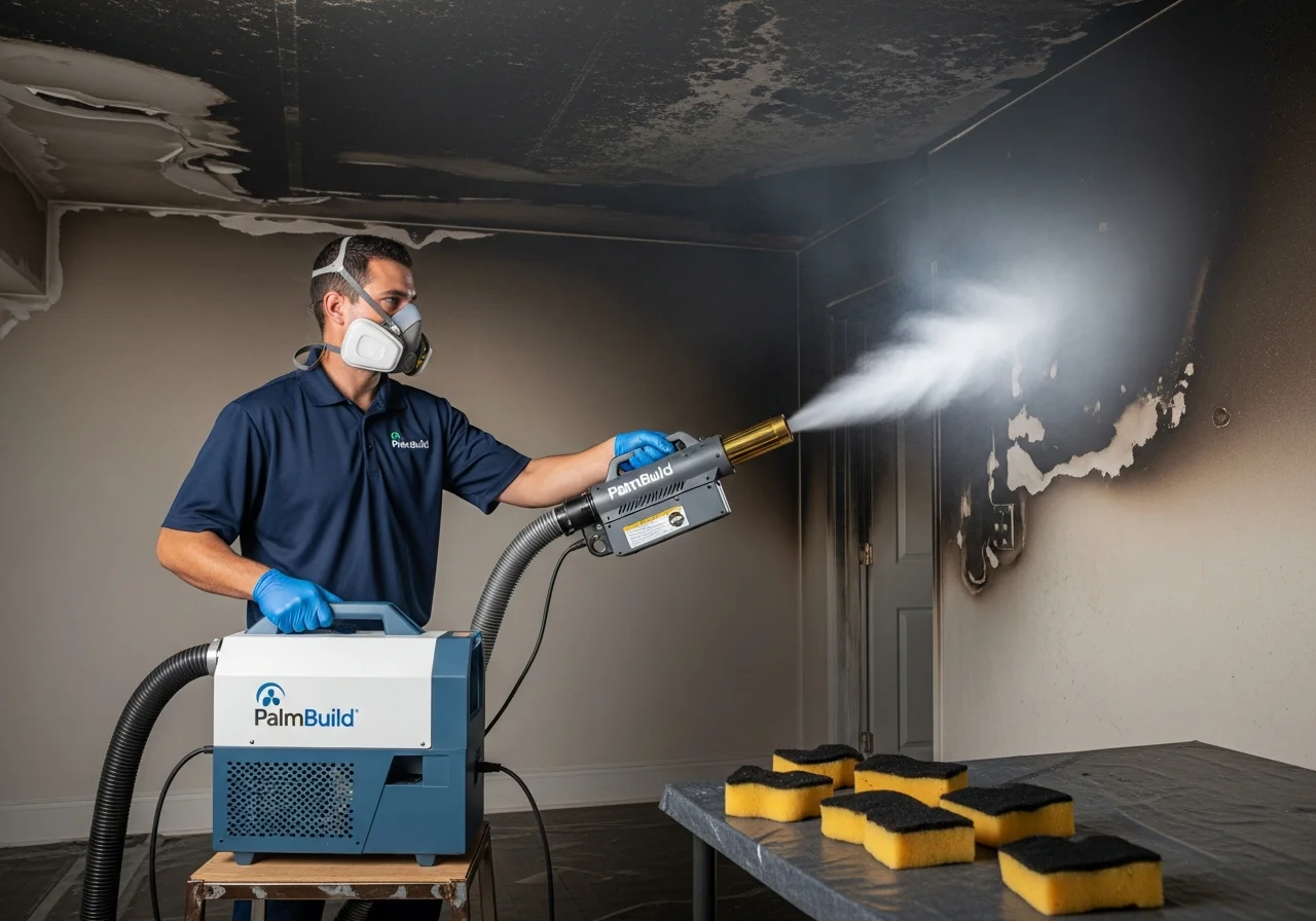 Smoke and soot cleanup in progress at a Hollywood FL property with professional equipment and HEPA filtration