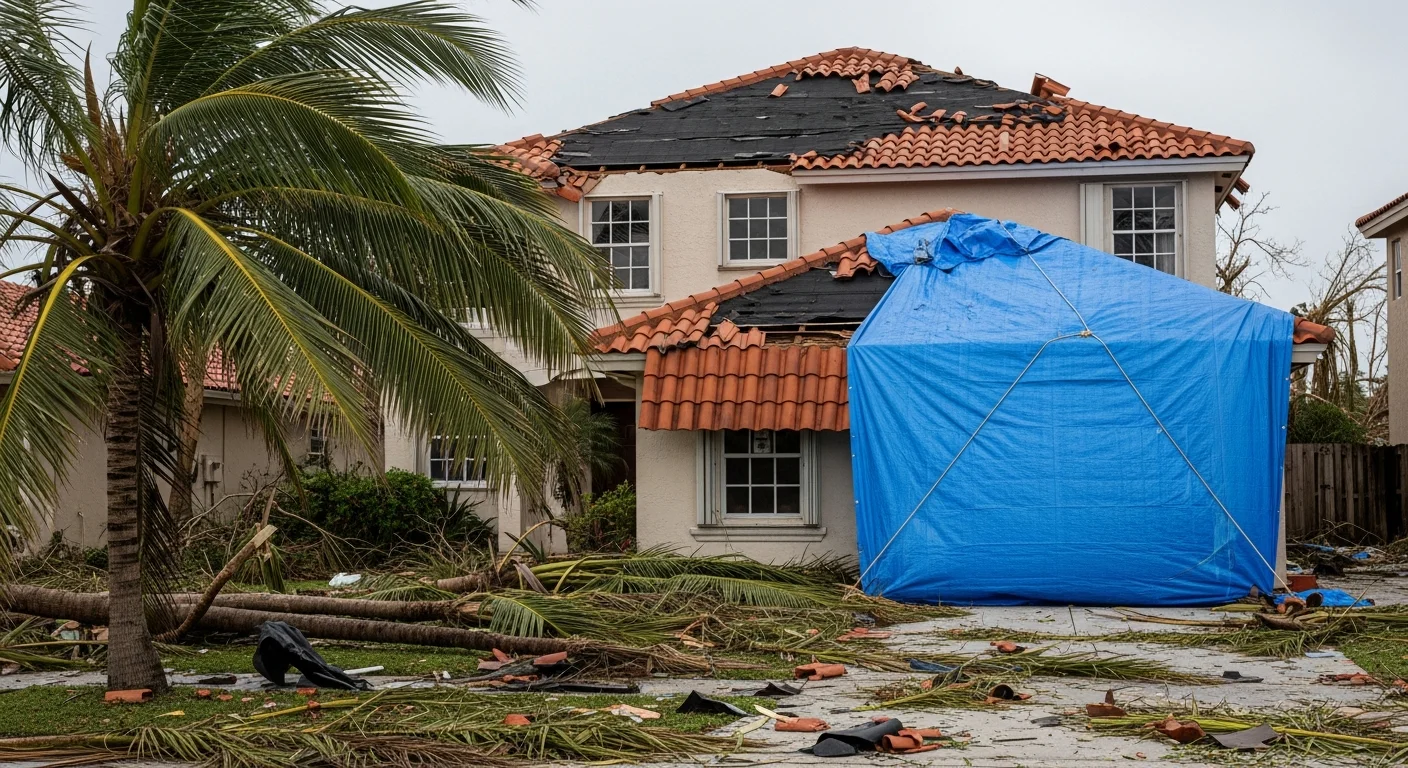 Wind-damaged roof on a Hollywood Florida home after a hurricane event showing missing shingles and structural exposure requiring emergency tarping