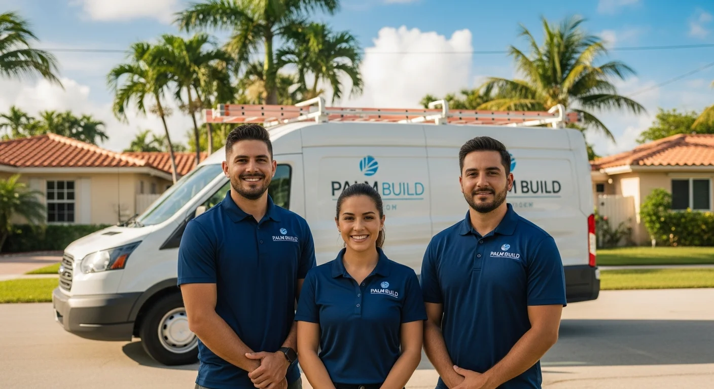 Palm Build reconstruction team in Hollywood Florida with equipment and vehicles ready for residential and commercial reconstruction projects