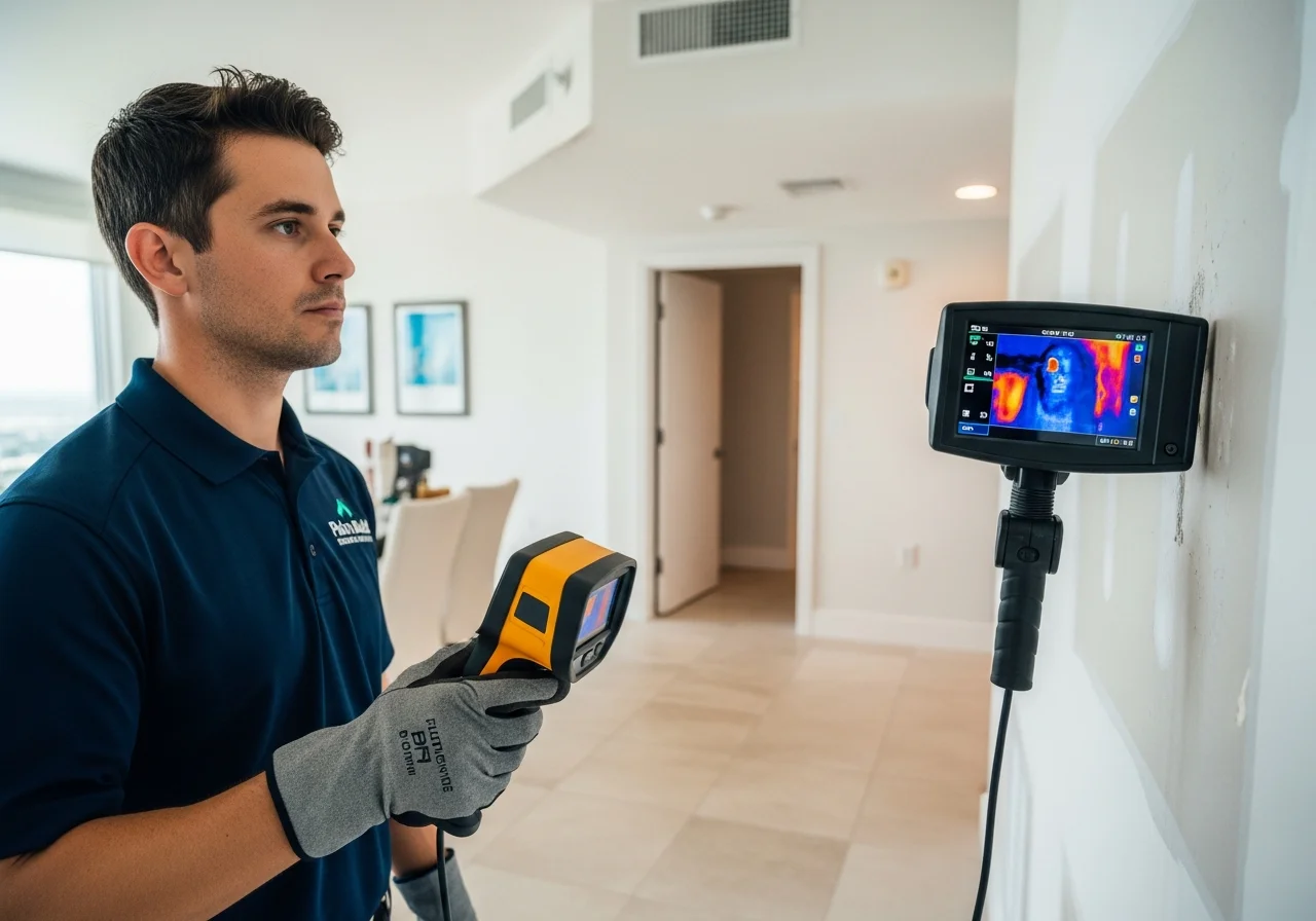 Thermal imaging camera being used to detect hidden hot spots and moisture during fire restoration in Hollywood FL