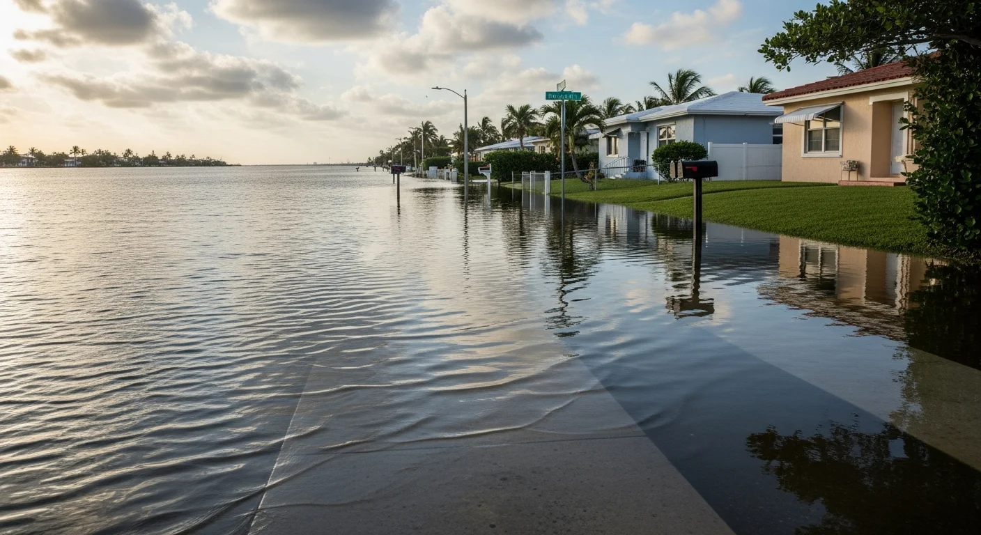 Tidal flooding affecting Hollywood Florida properties near the Intracoastal Waterway showing water encroaching on residential structures during a storm event