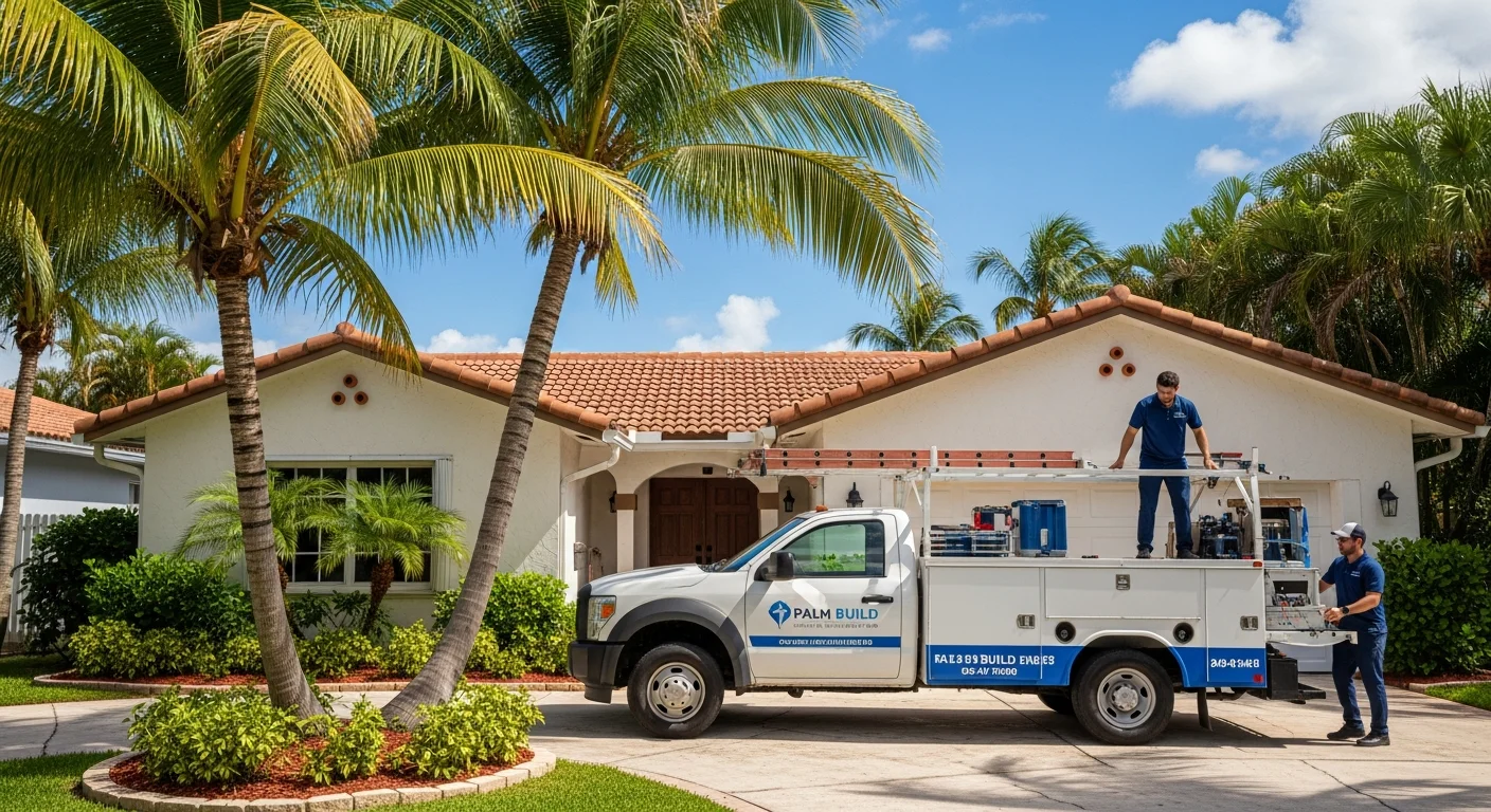 Palm Build restoration truck parked in a Hollywood Florida neighborhood during storm damage emergency response showing the team on-site and ready for restoration work