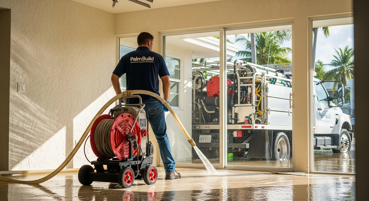 Palm Build restoration truck responding to a water damage emergency at a CBS stucco home in Hollywood, Florida with palm trees and tropical landscaping