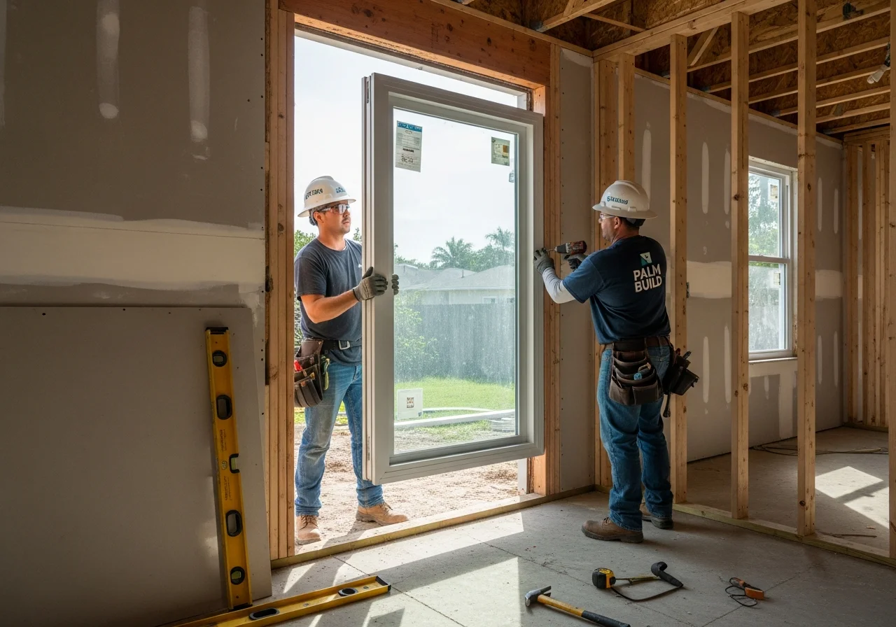 Impact window installation during condo reconstruction in Hollywood Florida showing professional installation of hurricane-rated windows to meet Florida Building Code requirements